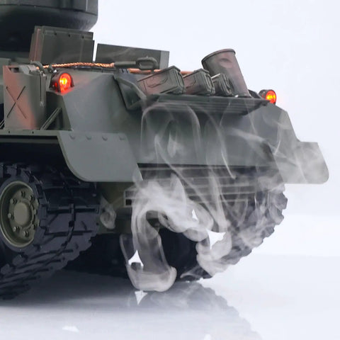 Rear view showing smoke effects on One Sixteenth Scale RC Sherman M4A3 E8 Fury Edition Tank With Infrared Battle BB Shooting Elevating Barrel