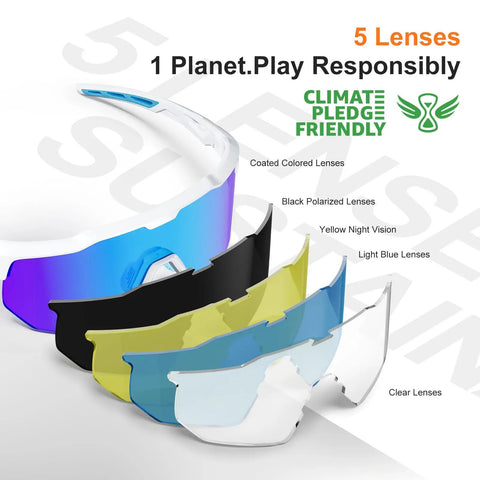 Polarized Sports Sunglasses With Five Interchangeable UV400 Lenses For Men Women And Youth displayed with colored lenses