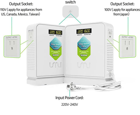 Dual Output Voltage Converter Transformer From 220V To 110V And 100V 1600W Power Capacity LED Display Lets You Run Two Gadgets At Once