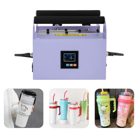 Heavy Duty 40 Oz Tumbler Heat Press Machine With Sturdy Iron Body, Adjustable Temp Up To 400F, Display and tumblers shown.