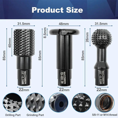 Woodworking Rotary Burr Set For Carving And Engraving, 3 Piece Drill Bit Milling Tool Kit With 5/8-11 Thread shown in size details
