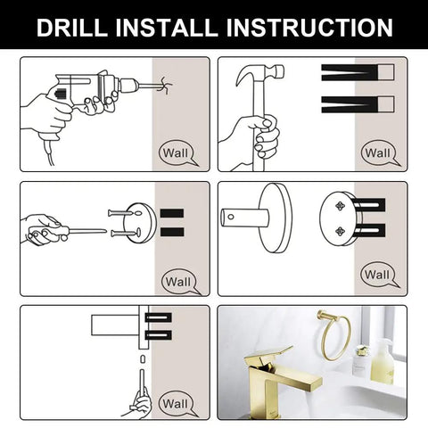 Installation guide for Dope Brushed Gold 5-Piece Bathroom Hardware Set with 23.6 Inch Towel Bar, showing tools and steps.