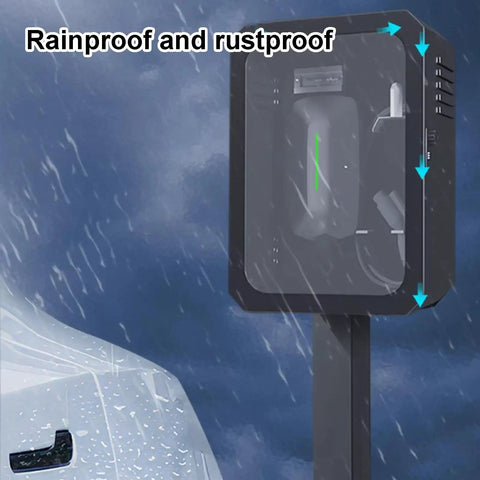 Tough As Nails Wall Mount Ev Charger Enclosure With Mechanical Lock And Translucent Tempered Glass Panel Crafted From Cold Rolled Steel For Heavy Duty Drainage And Quick Heat Release In Large Size, rainproof feature visible with charging unit inside.