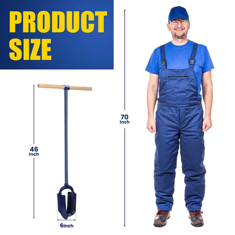 6 Inch By 46 Inch Heavy Duty Hand Auger Post Hole Digger With Hardwood T Handle Non Slip Grip Adjustable Depth shown with person for scale