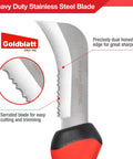 Front view of Goldblatt roofing and flooring knife with soft-grip handle and serrated stainless-steel blade