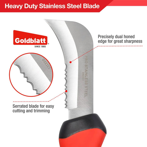 Front view of Goldblatt roofing and flooring knife with soft-grip handle and serrated stainless-steel blade