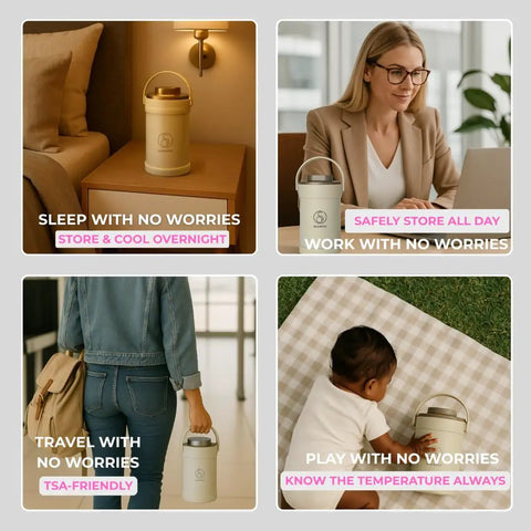 Road Trip Ready Breast Milk Cooler With Digital Temp Gauge Keeps Your Fresh Stash Cold Up To 24 Hours Double Wall Vacuum Insulated Stainless Steel Nursing Carrier Bpa Free Spill Safe shown in lifestyle images, illustrating its portability in various settings.