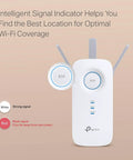 AC1900 Dual Band WiFi Range Extender Amps Up Your Home Network With Gigabit Ethernet Port shown with signal indicators