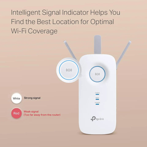 AC1900 Dual Band WiFi Range Extender Amps Up Your Home Network With Gigabit Ethernet Port shown with signal indicators
