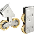 Adjustable Heavy Duty Double Wheel Roller Bearings Made From Stainless Steel With Copper Wheels Perfect For Sliding Doors Windows And Shower Tracks Providing Slick Glide Durable Construction 4 Pack, showcasing dual copper wheels.