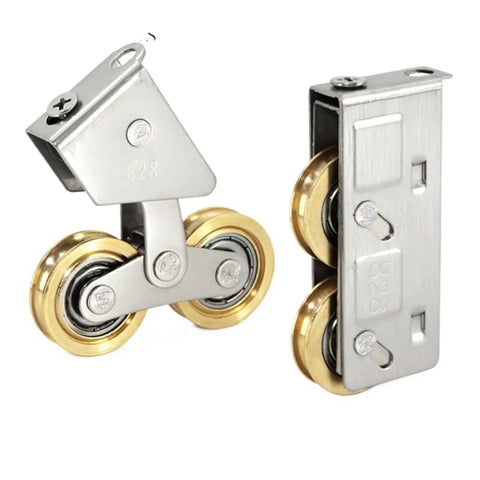 Adjustable Heavy Duty Double Wheel Roller Bearings Made From Stainless Steel With Copper Wheels Perfect For Sliding Doors Windows And Shower Tracks Providing Slick Glide Durable Construction 4 Pack, showcasing dual copper wheels.