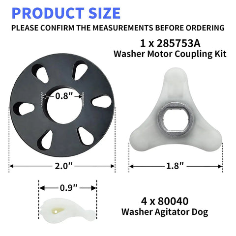 Upgraded Washer Clutch Kit With Motor Coupling And Four Agitator Dogs Replacement For Top Load Washers To Fix Agitation And Spin Problems Like A Pro Easy Install Durable OEM Style Parts. Black 2.0" washer motor coupling kit and 1.8" agitator dog parts