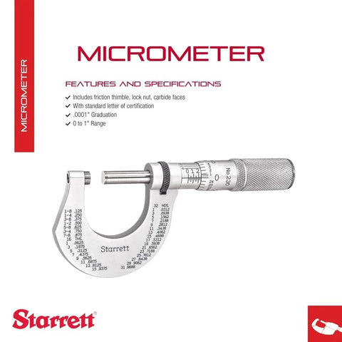 Outside Micrometer With One Piece Spindle Satin Chrome Finish And Tapered Frame Quick And Easy Adjustment 0 To 1 Inch Range.0001 Inch Graduation