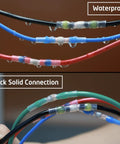 Heavy Duty 200 Pcs Waterproof Solder Seal Wire Connectors 18 16 Gauge Green Heat Shrink Butt Terminal Splices close-up showing water droplets