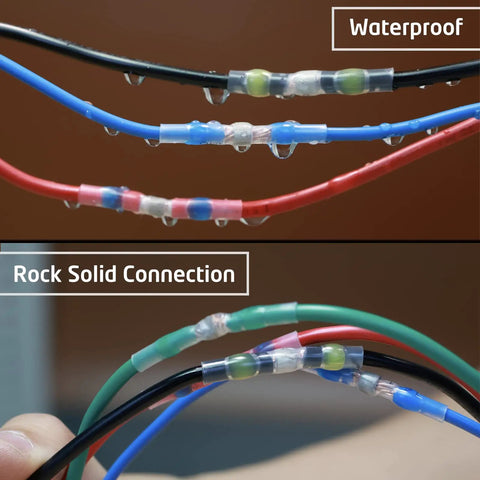 Heavy Duty 200 Pcs Waterproof Solder Seal Wire Connectors 18 16 Gauge Green Heat Shrink Butt Terminal Splices close-up showing water droplets