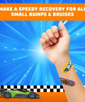 Hot Wheels Bandage Kit For Kids Cute Bandages For Infants And Children on arm with car design, blue background