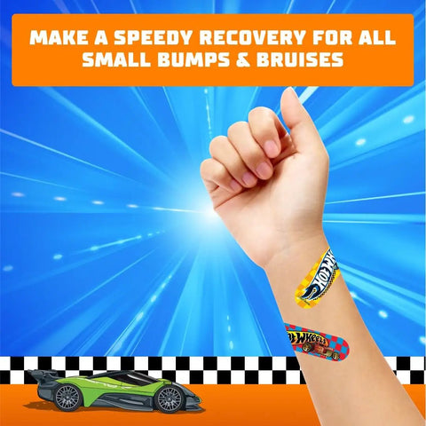 Hot Wheels Bandage Kit For Kids Cute Bandages For Infants And Children on arm with car design, blue background