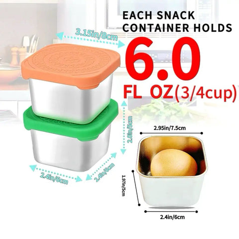Six Pack 6oz Stainless Steel Snack Containers For Kids With Leakproof Silicone Lids, showing size and capacity details