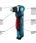 12 Volt Max Three Eighth Inch Right Angle Drill Driver Bare Tool With Five Position Rotating Head For Tight Spots High Torque To Weight Ratio 115 Inch Lbs Of Torque And Dual LED Lights, showing specifications and features labels.