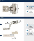 Pro Level Compact Concealed Cabinet Hinges One Pair Self Closing Face Frame Hardware With One Quarter Inch Overlay front and top view with dimensions.