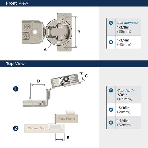 Pro Level Compact Concealed Cabinet Hinges One Pair Self Closing Face Frame Hardware With One Quarter Inch Overlay front and top view with dimensions.