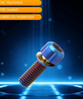 Professional Grade Titanium Hex Head Bolts M6 X 18 mm With Flat Washers In Sharp Burnt Blue Anodized Finish For Badass Bicycle And Motorcycle Gear Including Matching Hardware Kits For Quick Installation On Daily Riders, showing a CNC machined and PVD coated bolt.