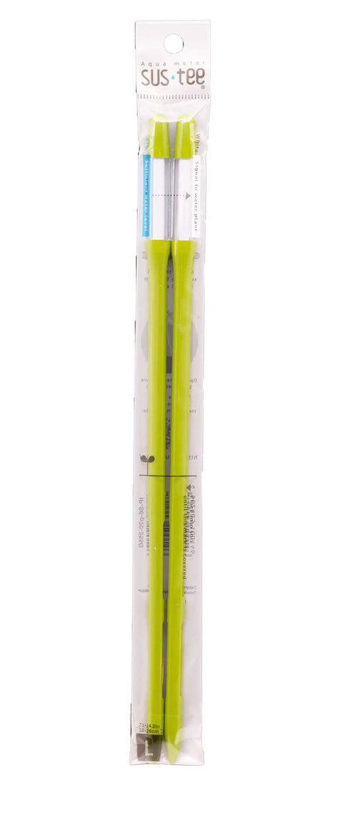 Two Pack Aquameter Leave In Soil Moisture Meters for Indoor Potted Plants, Green Humidity Sensor Probe in packaging, vertical view