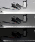 Dimmable LED Driver And 12V 100W Magnetic Power Supply with LED strip lighting demonstrating dimming levels at 100%, 60%, and 25%.