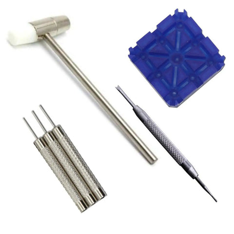 Watch Band Remover Tool Kit With Portable Spring Remover, Pin Punch Set And Watch Block, Blue Color components displayed