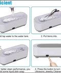 Pro Grade Ultrasonic Jewelry Cleaner For Rings Watches Eyeglasses Coins And Dentures With 47kHz High Frequency And 300ml Tank Digital Timer Easy Start Quick Clean For Silver Jewelry And Glasses, showing step-by-step usage instructions with water, eyeglasses, and operation button.