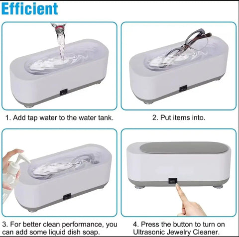 Pro Grade Ultrasonic Jewelry Cleaner For Rings Watches Eyeglasses Coins And Dentures With 47kHz High Frequency And 300ml Tank Digital Timer Easy Start Quick Clean For Silver Jewelry And Glasses, showing step-by-step usage instructions with water, eyeglasses, and operation button.