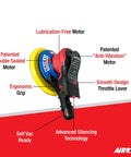 Pneumatic Orbital Palm Sander With Self Vacuum Dust Collection, 11,000 RPM, ergonomic grip, anti-vibration motor details.