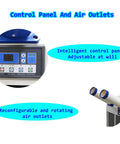 Built Tough Industrial Portable Air Conditioner Crushes That Summer Heat In Warehouses And Workshops 110V 18700BTU control panel and air outlets shown.