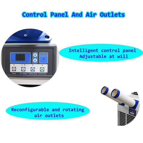 Built Tough Industrial Portable Air Conditioner Crushes That Summer Heat In Warehouses And Workshops 110V 18700BTU control panel and air outlets shown.
