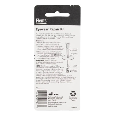 Back view of Flents Eyeglass Repair Kit package with instructions, including small screwdriver, screws, and magnifying glass included.