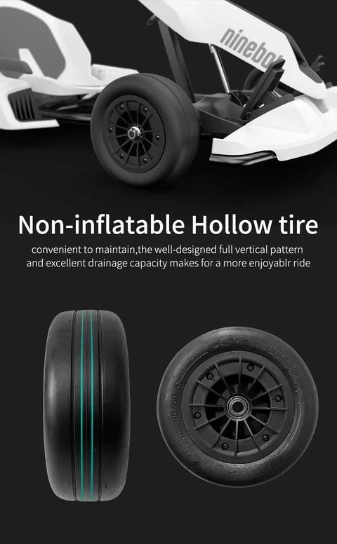 Front Wheel Assembly For Segway Ninebot GoKart Kit Pro And Pro2 Compatible Gokart Front Wheel Replacement Set 2 Pack With Durable Rubber Treads Enhanced Traction And Simple Refitting For All Gokart Models showing non-inflatable hollow tire