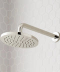 Signature Hardware Gunther 1.8 GPM Pressure Balanced Shower System brushed nickel shower head with easy-clean nozzles.