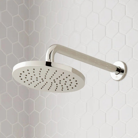 Signature Hardware Gunther 1.8 GPM Pressure Balanced Shower System brushed nickel shower head with easy-clean nozzles.