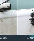 Beast Cordless Portable Pressure Washer With 22L Tank And 12000mAh Battery cleaning a car door, showing before and after results