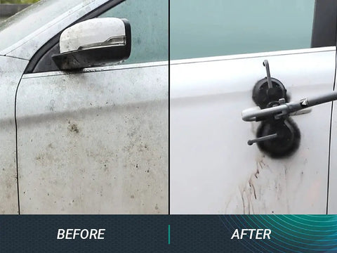 Beast Cordless Portable Pressure Washer With 22L Tank And 12000mAh Battery cleaning a car door, showing before and after results