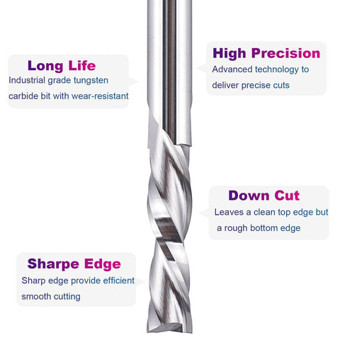 SpeTool spiral router bit, down-cut, 1/4 in diameter, 1/4 in shank, solid carbide.