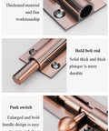 Close-up of heavy duty zinc alloy sliding bolt latch showing thickened material and smooth glide action for secure locking