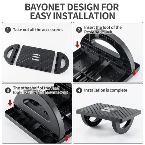 Assembly guide showing installation steps for Under Desk Foot Rest for Office and Gaming Chairs Ergonomic Rocking Footstool with Roller Massager Feet Up Comfort Leg Rest for Chair Computer Desk 13 by 9.6 by 5 Inches All Day Comfort.