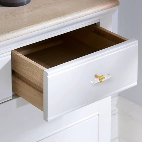 Brushed Brass Clear Crystal Acrylic Cabinet Pulls 4.25 Inch Center To Center Drawer Knobs Gold Dresser Handles on white drawer