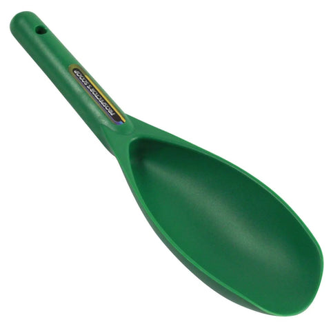 Angled view of Green Prospector's Scoop 12.5 Inch Heavy Duty Plastic Dig Tool For Metal Detecting Gold Panning Treasure Hunting And Gardening