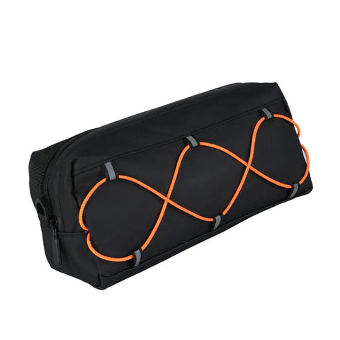 Front Bike Bag Waterproof Big Capacity Handlebar Storage Bag for Gear Tools Snacks Water Bottle and Phone shown in black with orange straps