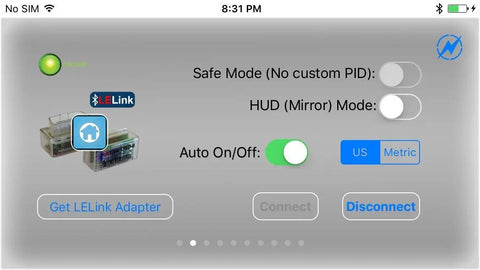 Configurable Auto On Off Bluetooth Low Energy OBD II Car Diagnostic Tool for iOS interface showing settings options