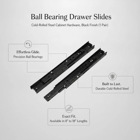 Ball Bearing Drawer Slides For Smooth Glide In Cabinets, Cold Rolled Steel With Durable Black Finish, Heavy Duty Cabinet Hardware