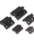Rotating Concealed Door Hinge For Cabinets And Small Black Plastic Bearing Hinge displayed in various sizes on white background
