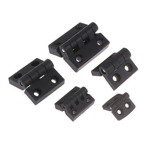 Rotating Concealed Door Hinge For Cabinets And Small Black Plastic Bearing Hinge displayed in various sizes on white background
